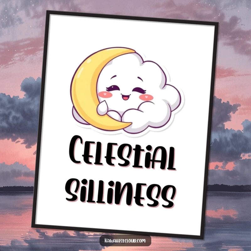 Funny Poster: A mischievous cloud character with a wide grin, playfully tickling a sleepy moon in the night.