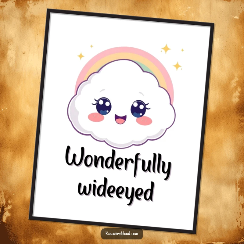 Funny poster art of a cloud character with big eyes looking at a rainbow, symbolizing wonder and joyful optimism.