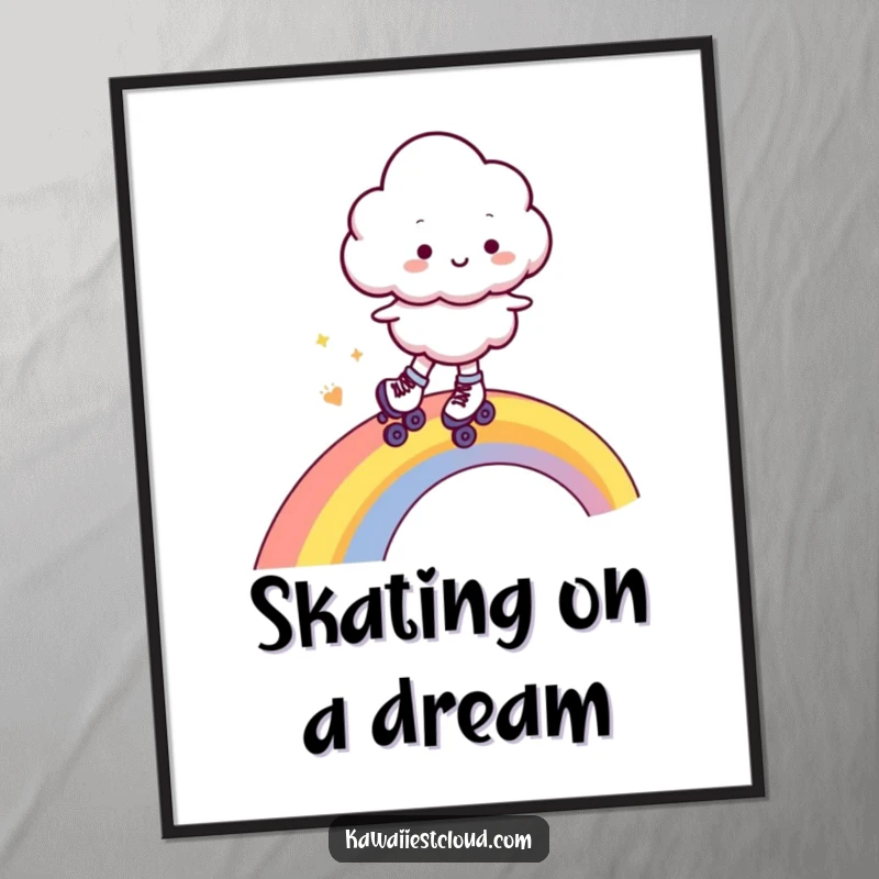 Funny poster print of a cheerful cloud character wearing roller skates, zipping across a bright, multicolored rainbow with a joyful expression.