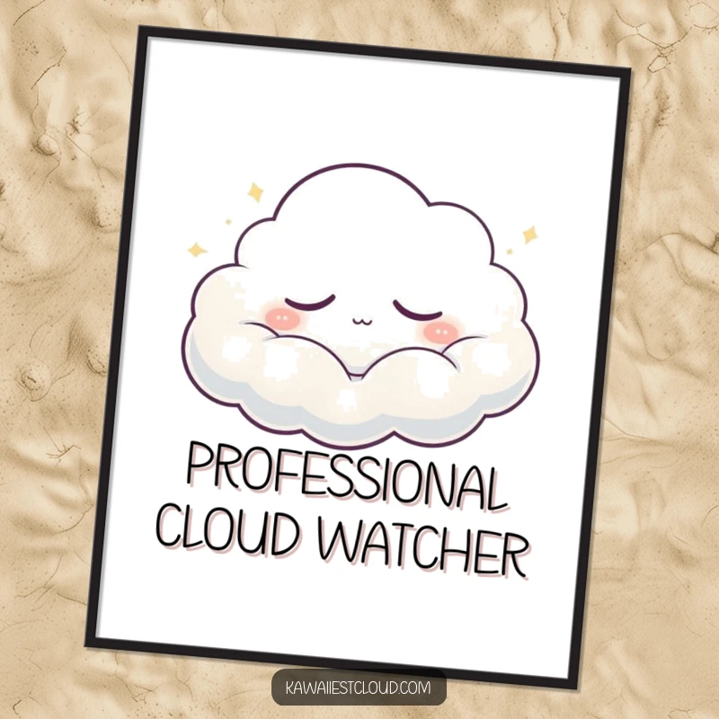 Funny Poster: A serene, sleepy cloud character drifting peacefully, emitting a soft, warm glow, creating a tranquil and humorous atmosphere.