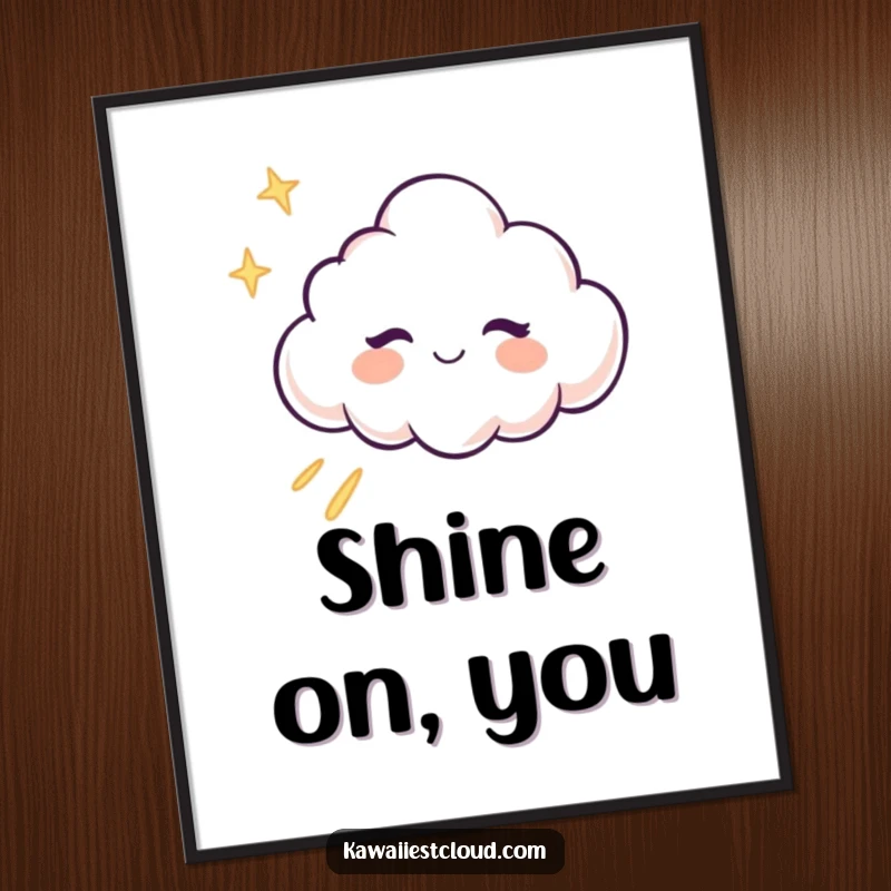 Funny winking cloud character leaving a trail of pure light on an art poster, radiating magic.