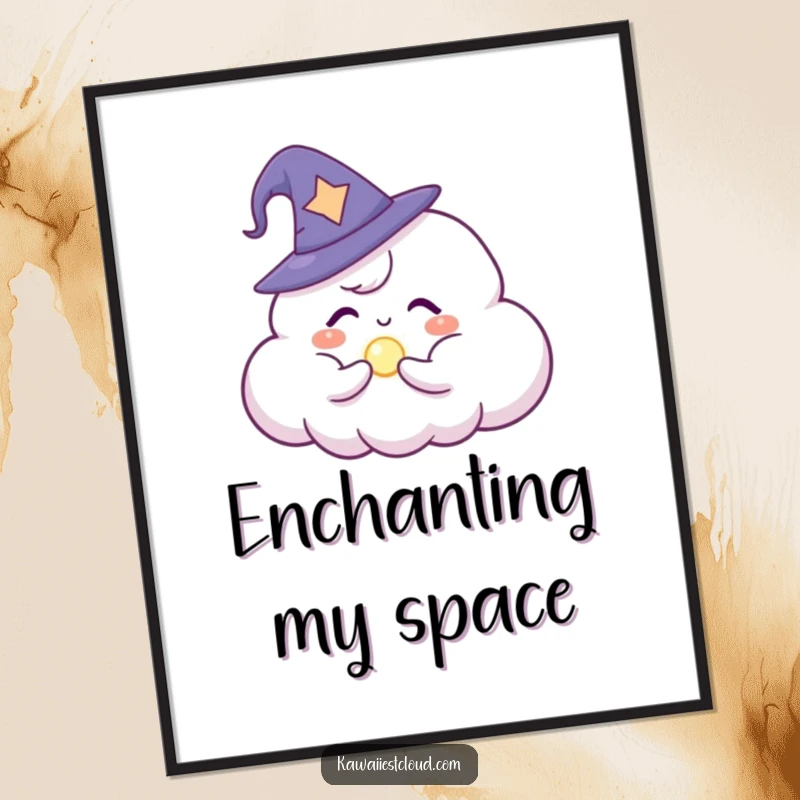 Funny Poster: A cloud wizard character wearing a tiny hat, skillfully conjuring a small, radiant magic orb.