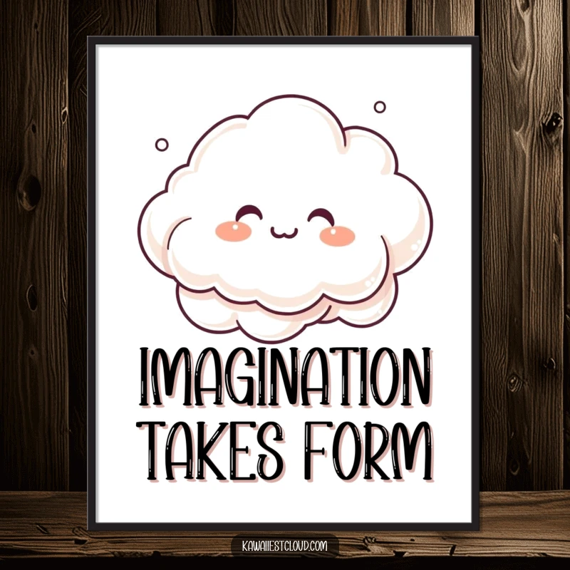 Funny Poster of a giggling cloud character creating intricate, whimsical shapes with its mist, a celebration of imagination.