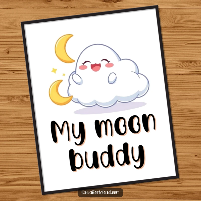 Funny poster of a cloud character joyfully playing with a small, giggling crescent moon, capturing playful celestial fun.