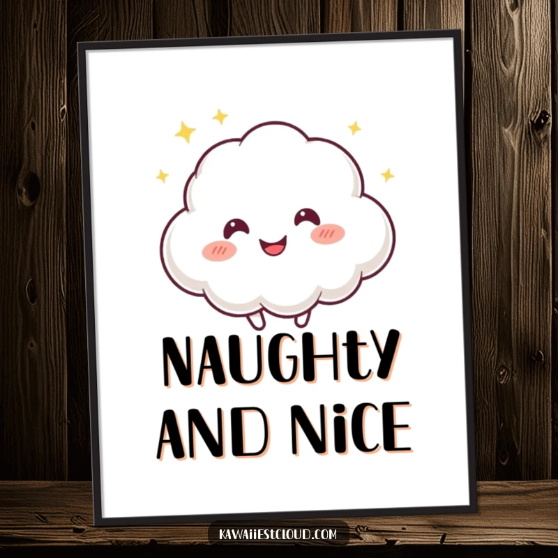 Funny poster of a playful cloud character with a mischievous twinkle, bouncing happily and radiating fun energy.