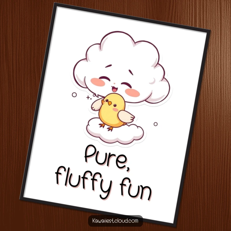 Funny giggling cloud poster art of a character playfully tickling a tiny bird with wisps, showcasing pure amusement and heartwarming fun.