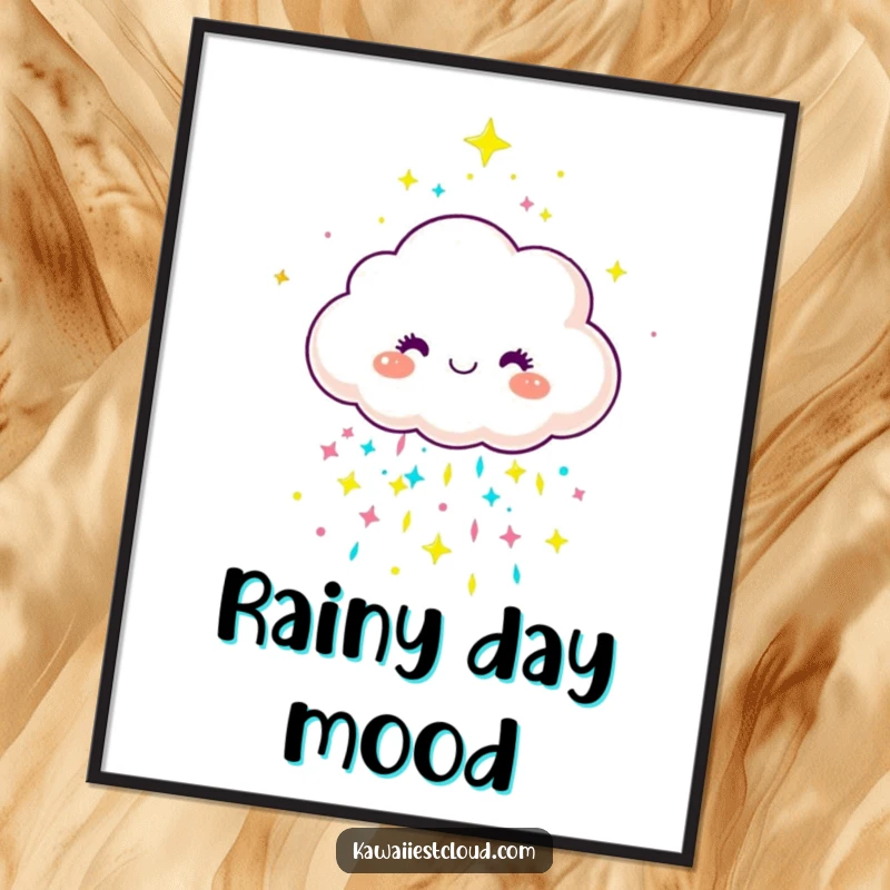 Funny joyful cloud character showering colorful, sparkly rain on an art poster, radiating happiness.