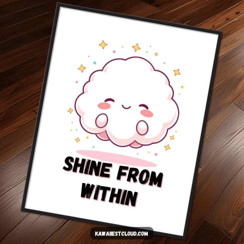 Funny Poster of a fluffy cloud character showering the viewer with tiny, colorful sparkles, creating an atmosphere of pure joy.