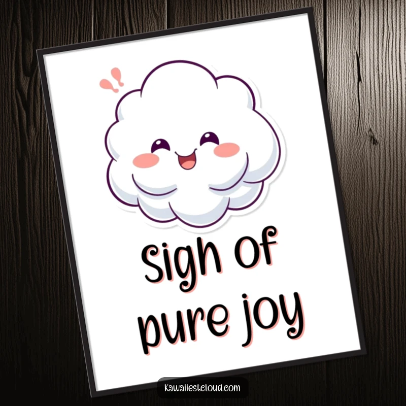 Funny poster of a cheerful cloud character letting out a happy sigh, radiating pure joy and contentment, perfect for cheerful wall art.