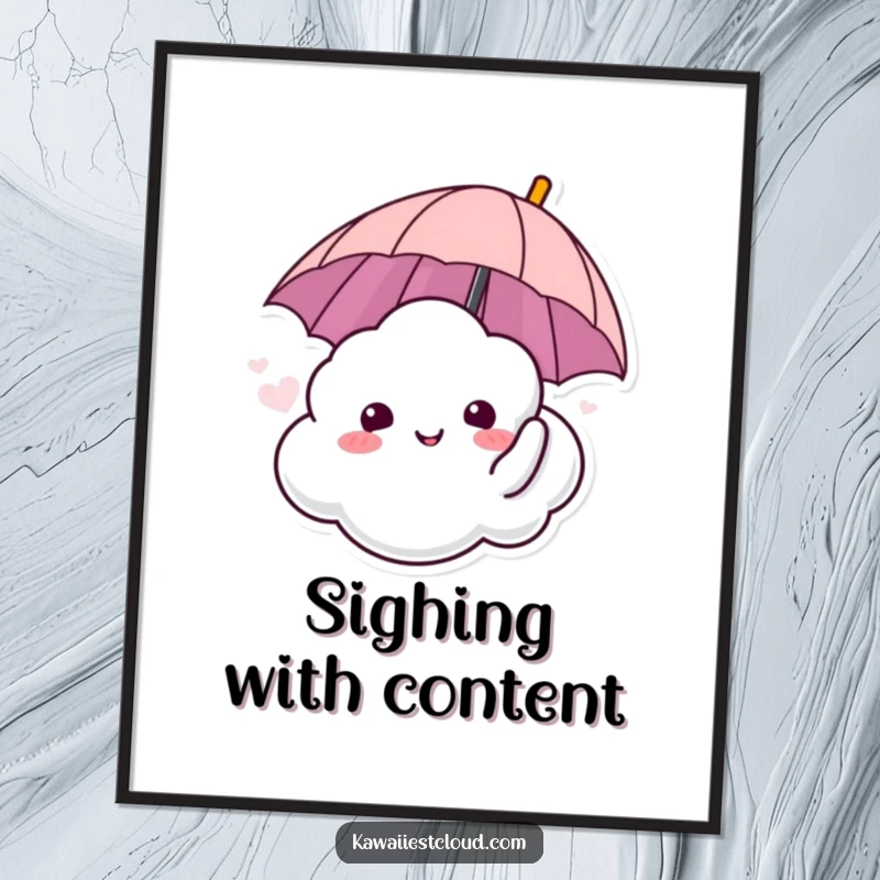Funny poster print of a cloud character sighing happily with an umbrella, conveying peace and gentle humor.