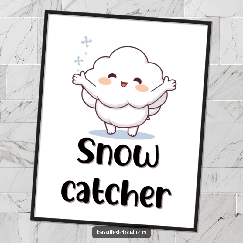 Funny poster print of a cartoon cloud with arms extended, attempting to catch a single snowflake, embodying winter's charm.