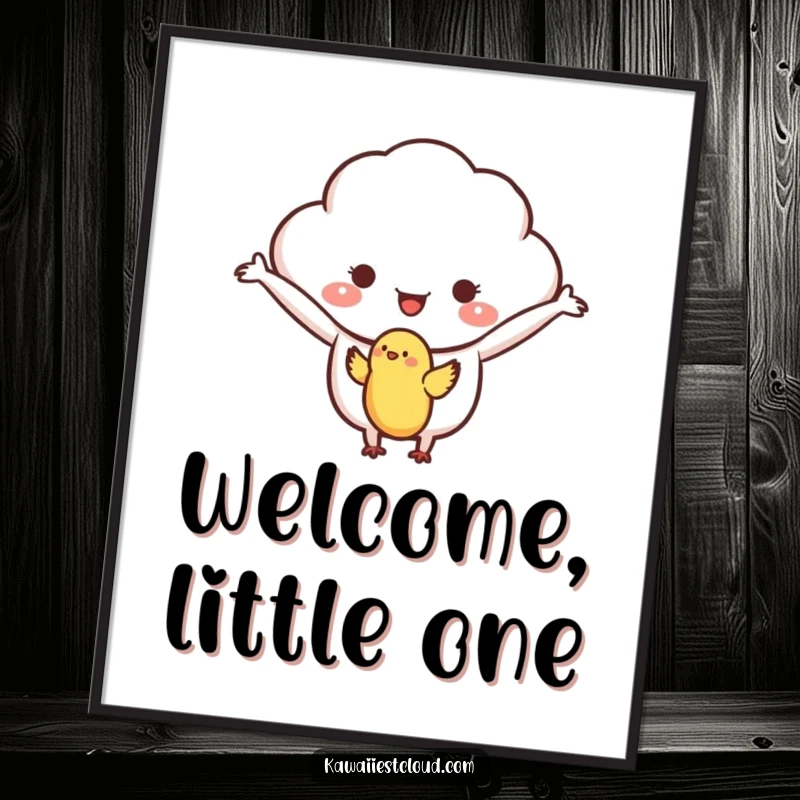 Funny poster of a welcoming cloud character with arms outstretched, offering a warm embrace to a small bird.