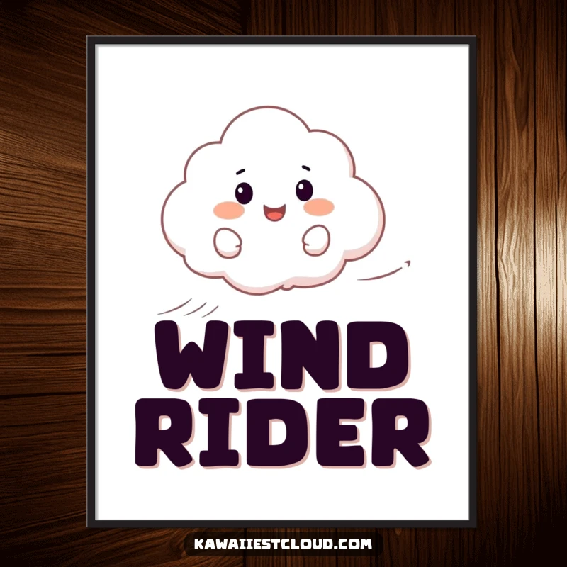 Funny poster art of a happy cartoon cloud expertly surfing a gust of wind, conveying joy and freedom.