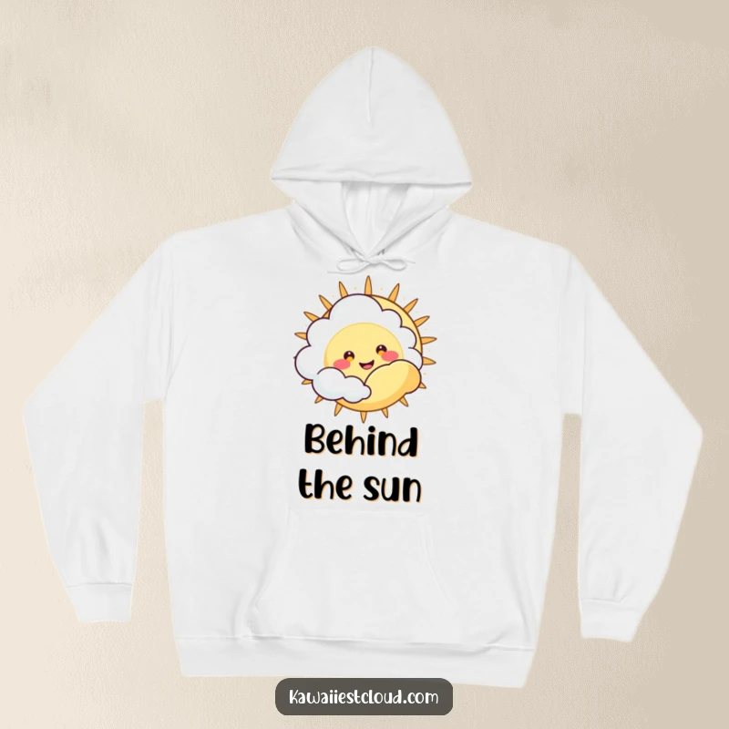 Funny Hoodie: A cute cloud character with a happy, wide grin peeking from behind a large sun, cozy fun.
