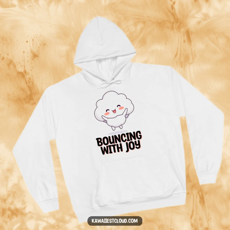 Funny cloud hoodie featuring a character doing a silly, bouncy jig, radiating warmth and playful energy.