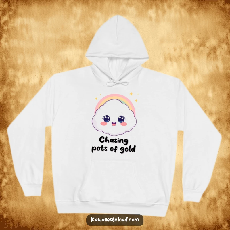 Funny hoodie depicting a delighted cloud character with big eyes looking at a rainbow, offering warmth and humorous wonder.