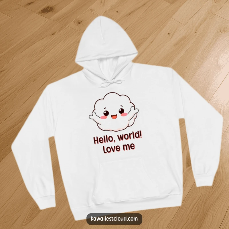 Funny hoodie featuring a cheerful cloud character joyfully waving its fluffy arms in a friendly and welcoming manner.