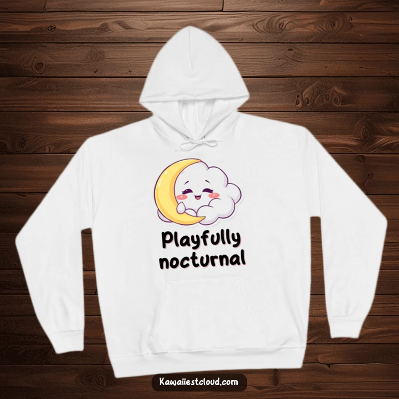 Funny Hoodie: A mischievous cloud character with a grin, gently tickling a slumbering moon.