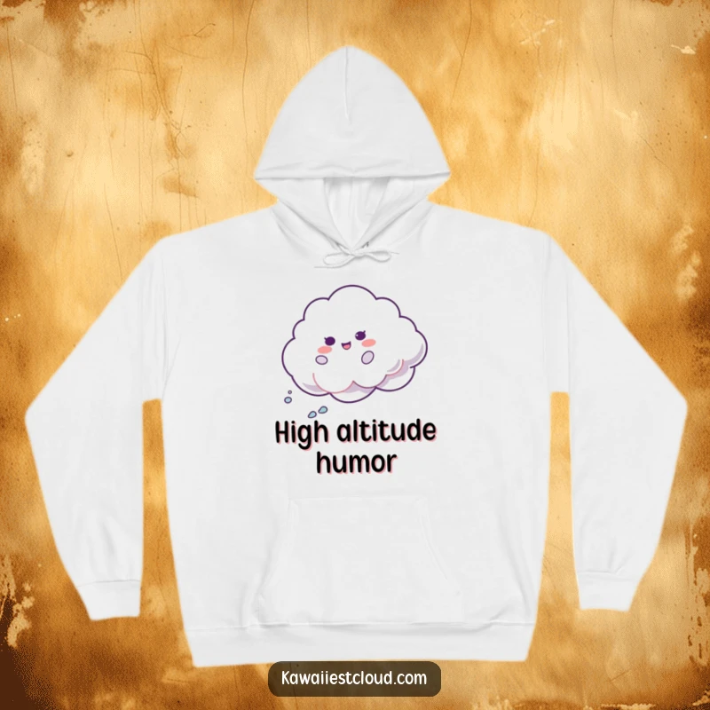 Funny Shimmer Cloud Hoodie: Cozy up with a smiling cloud character in a playful spin, its iridescent trail shimmering. Awesome funny clothing.