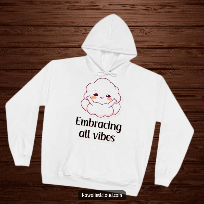 Funny cloud hoodie featuring a character embracing the sky with open arms, offering warmth and comfort.
