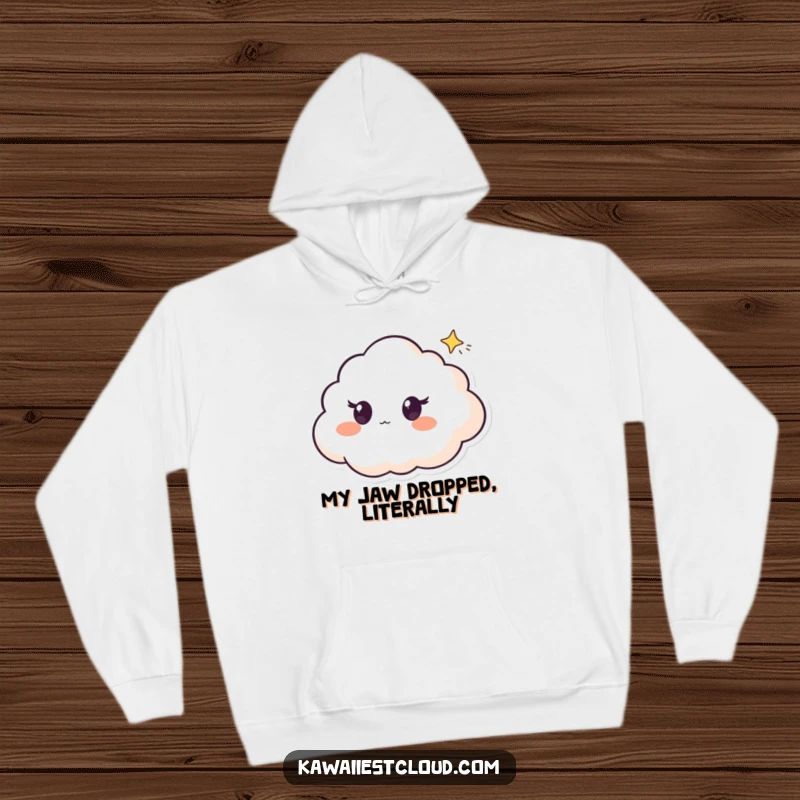 Funny hoodie depicting a cloud character with wide, surprised eyes, mesmerized by a tiny shooting star passing by.