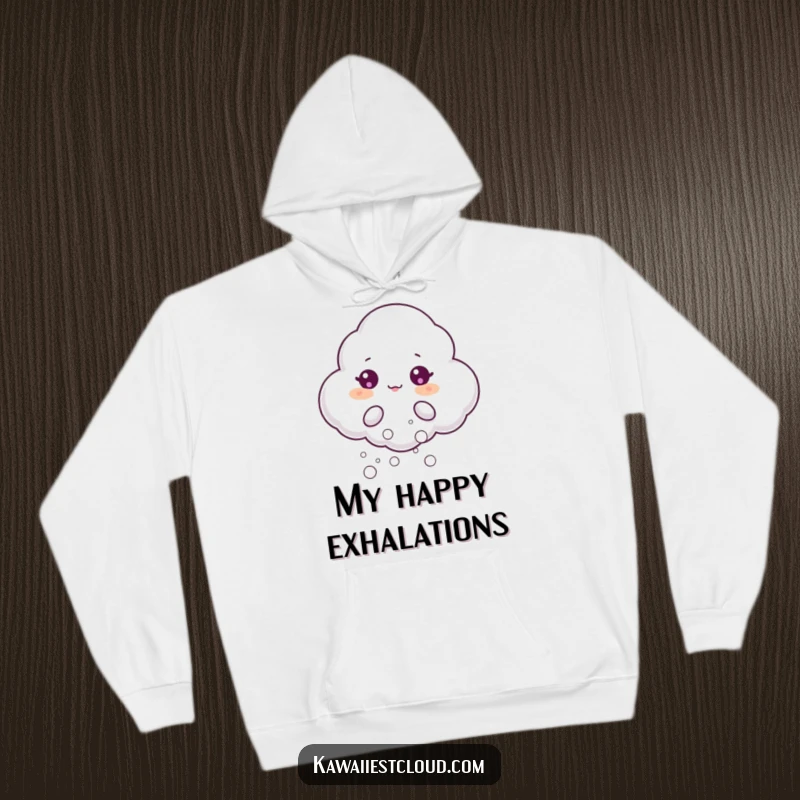 Funny hoodie featuring a beaming cloud character joyfully blowing small, shimmering bubbles, creating a magical and humorous visual.