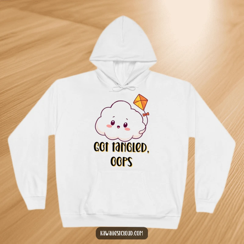 Funny hoodie featuring a cloud character looking utterly surprised while a cheerful kite weaves skillfully through its soft, puffy body.