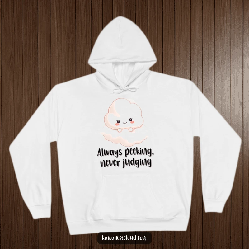 Funny curious cloud character peering from mist on a soft, warm hoodie, perfect for mystery lovers.