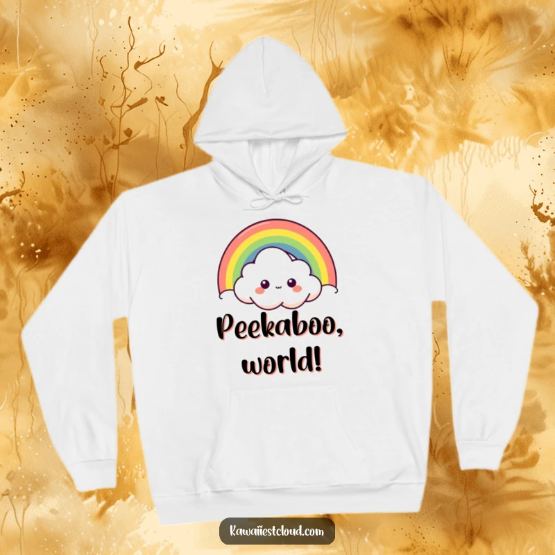 Funny curious cloud hoodie featuring a character peeking playfully from behind a bright rainbow, exuding a sense of adventure and joy.