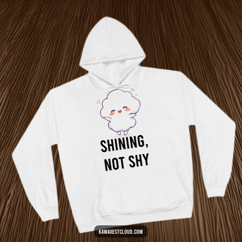 Funny delighted cloud character dancing with a shimmer on a soft, warm hoodie, perfect for celebrations.