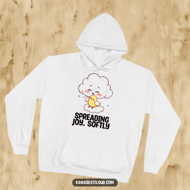Funny giggling cloud hoodie featuring a character playfully tickling a small bird with cloud wisps, embodying cheerful interaction and fun.
