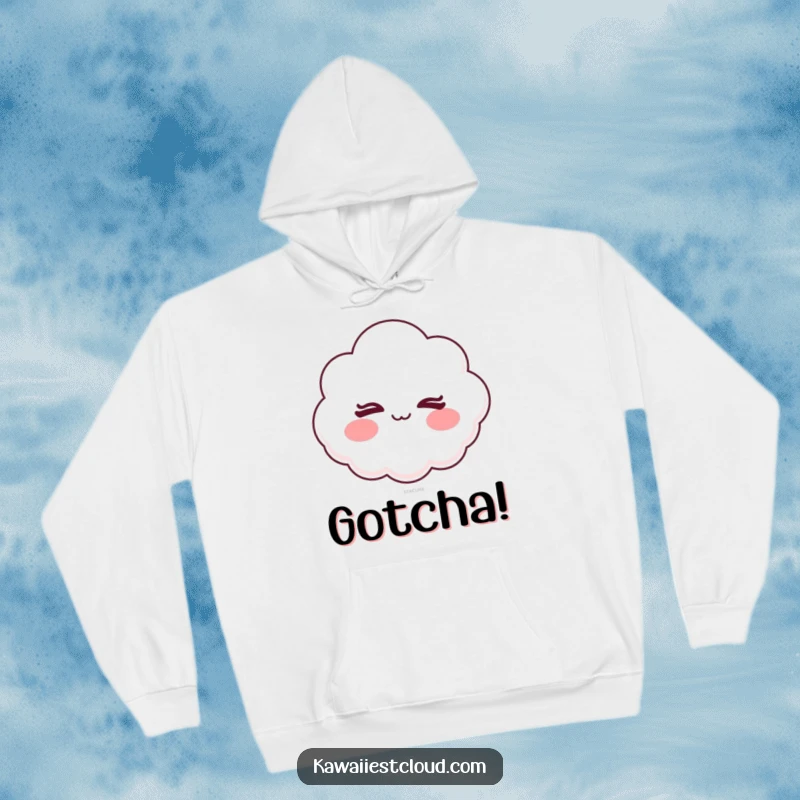 Funny hoodie featuring a cartoon cloud with rosy cheeks winking slyly, exuding playful charm and comfort.