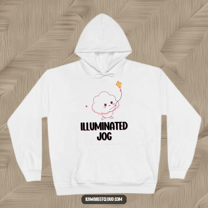 Funny hoodie featuring a playful cloud character in pursuit of a kite made of light, perfect for cozy adventures.