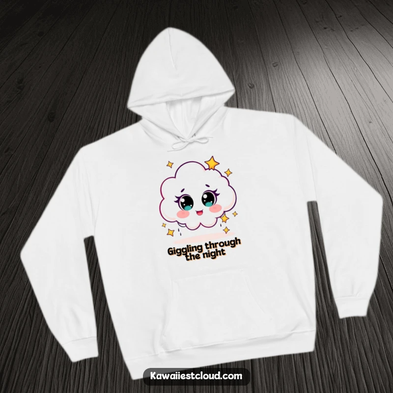 Funny Hoodie featuring a cute cloud character with big, expressive eyes, giggling as it showers tiny stars.