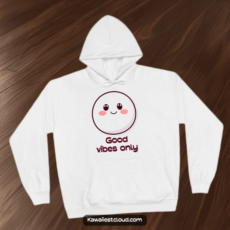 Funny rounded character hoodie with two dot eyes and a curved smile, offering warmth and a burst of simple, heartwarming humor.