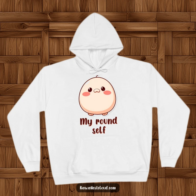Funny plump, round character hoodie with tiny button eyes and rosy cheeks, offering ultimate comfort and a sweet aesthetic. A perfect gift.
