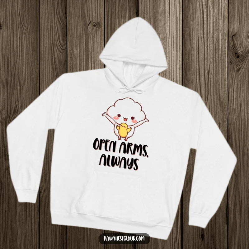 Funny hoodie featuring a friendly cloud character with arms open wide, giving a gentle welcome to a small bird.