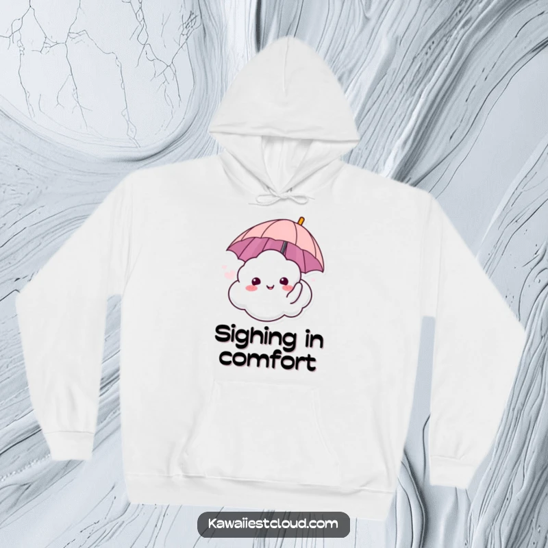 Funny hoodie with a happy cloud character holding an umbrella and sighing contentedly, offering warmth and relaxation.
