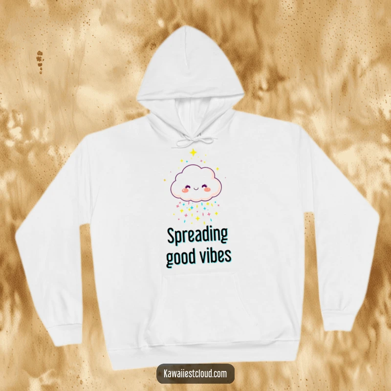 Funny joyful cloud character showering sparkly rain on a soft, warm hoodie, perfect for cheerful days.