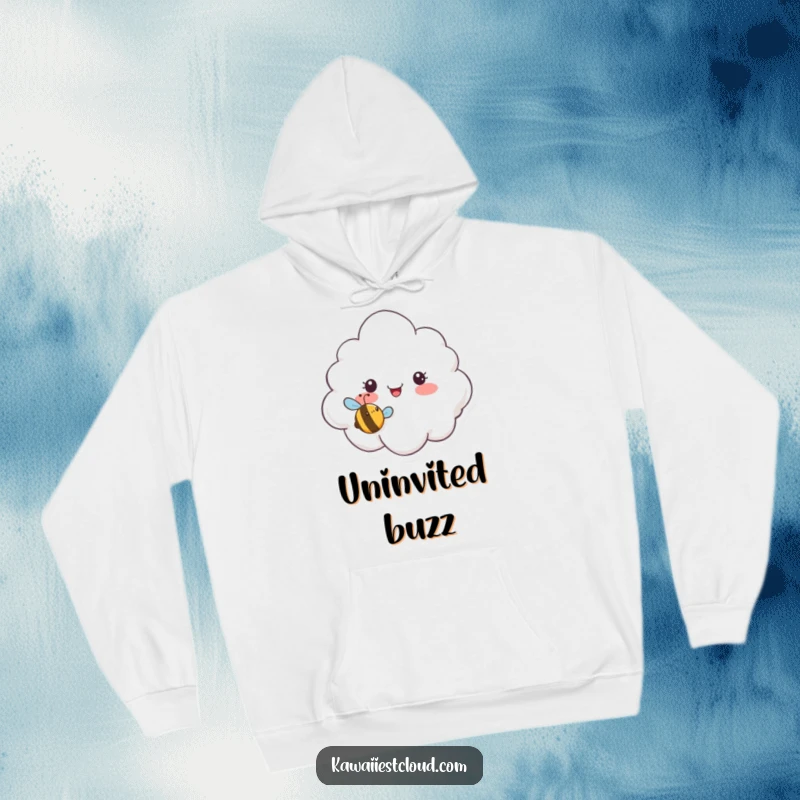 Funny hoodie showing a surprised cloud character startled by a tiny, cheerful bee buzzing closely, perfect for cozying up.
