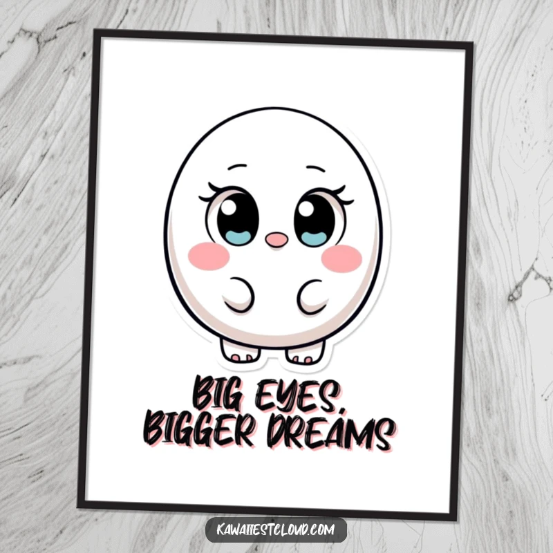 Funny Free Printable Wall Art showcasing a small ovular character with large innocent eyes, radiating pure, charming silliness. Downloadable art.