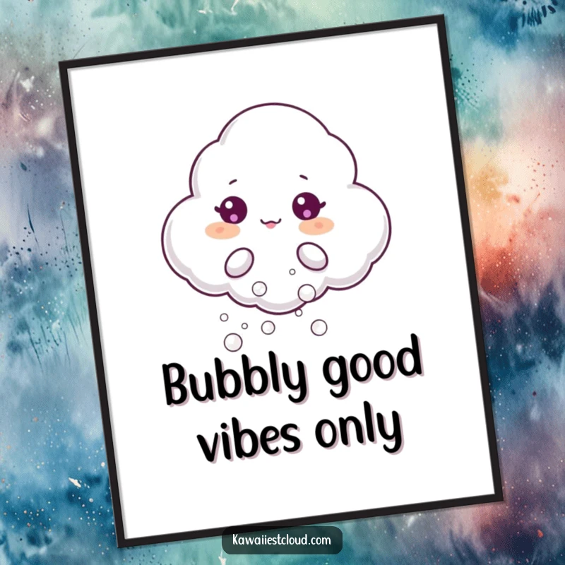 Funny Free Printable Wall Art: Beaming Cloud Character Happily Puffing Out Tiny, Iridescent, Shimmering Bubbles.