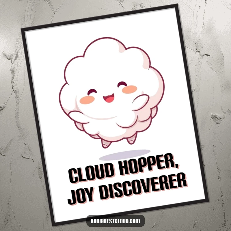Funny Free Printable Wall Art: A fluffy cloud character joyfully bouncing with rosy cheeks, happy downloadable art.
