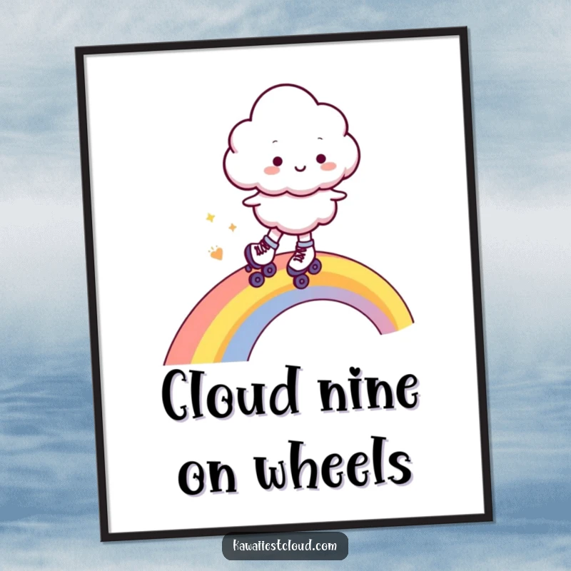 Funny Free Printable Wall Art: Cheerful Cloud Character Roller Skating with Joy on a Vibrant Rainbow.