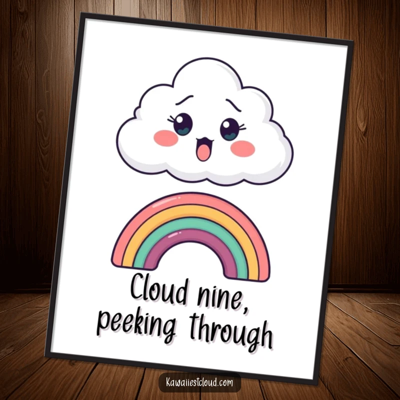 Funny Free Printable Wall Art: A surprised cloud peeking over a tiny rainbow, adding a humorous, whimsical touch.