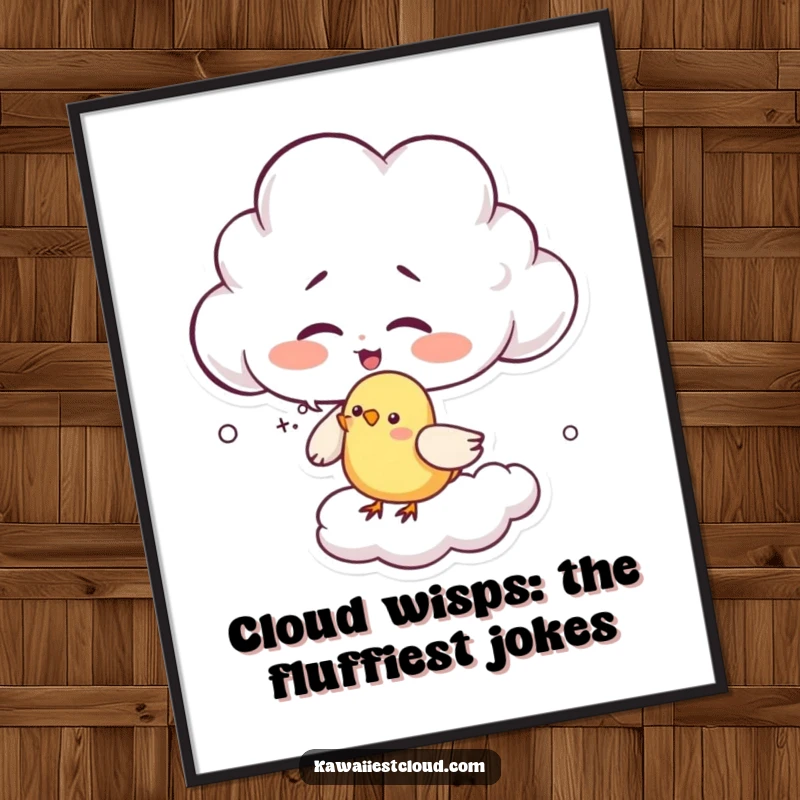 Funny Free Printable Wall Art showing a giggling cloud character delightedly tickling a tiny bird with cloud wisps.