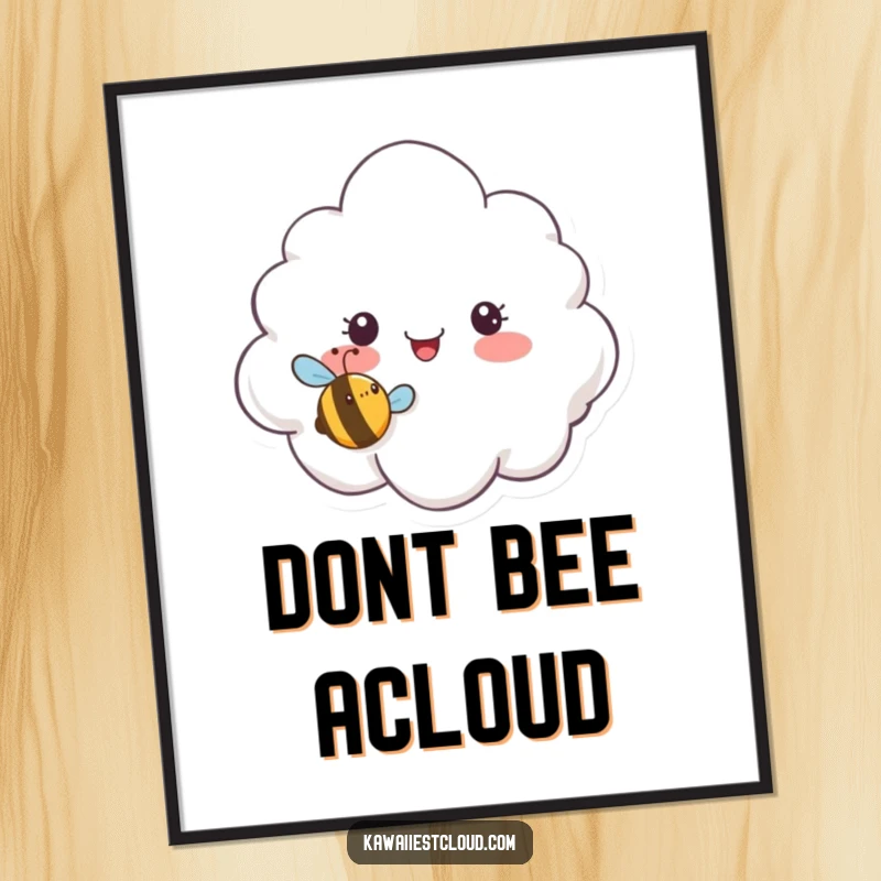 Funny Free Printable Cloud Wall Art, surprised cloud character looking at a tiny buzzing smiley bee, quirky downloadable decor.
