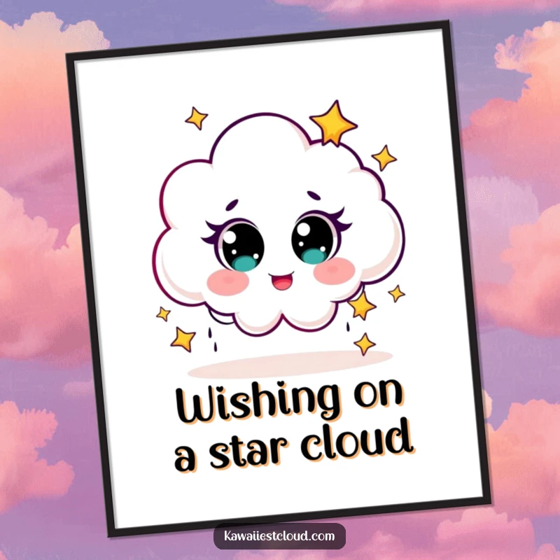 Funny free printable wall art: a cute cloud character with big eyes giggles, raining tiny stars to create a magical, dreamy ambiance.