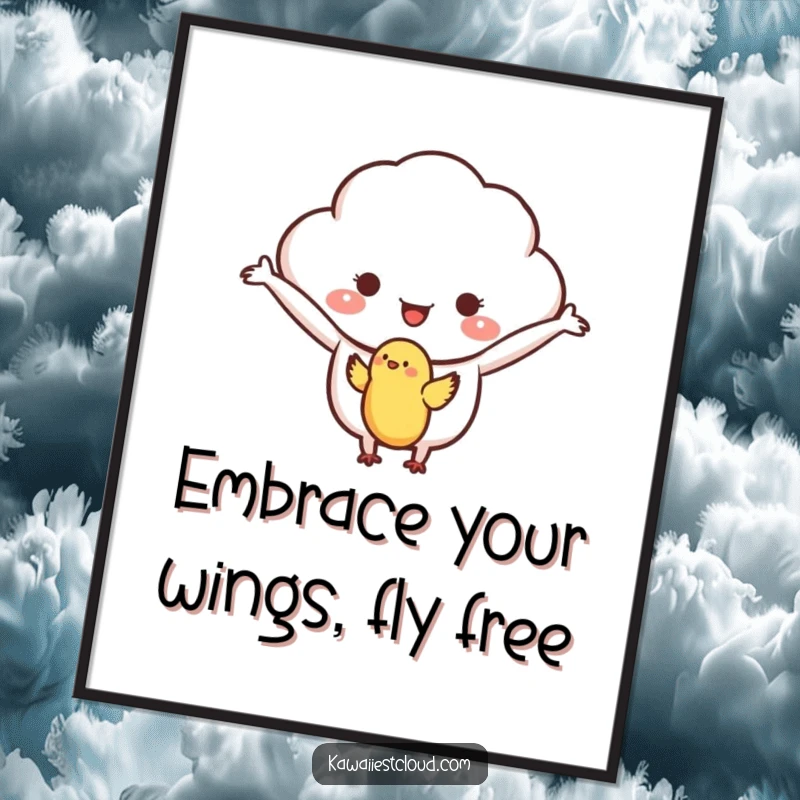 Funny Free Printable Wall Art: A cloud character with outstretched arms gently welcomes a small bird, symbolizing peace.