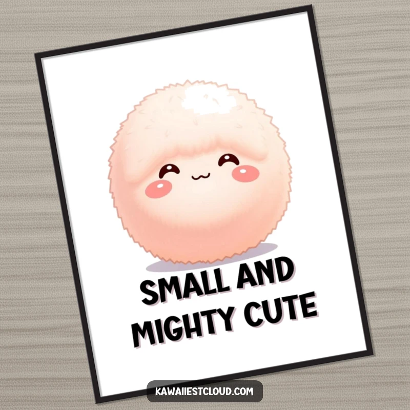 Funny Free Printable Wall Art of a tiny, fluffy sphere with a sweet, bashful expression, adding gentle charm.